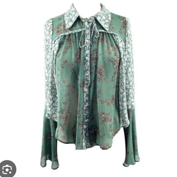 Free People Serena Floral Button Up Blouse Shirt Top Emerald Combo L Boho Hippie - Picture 2 of 8